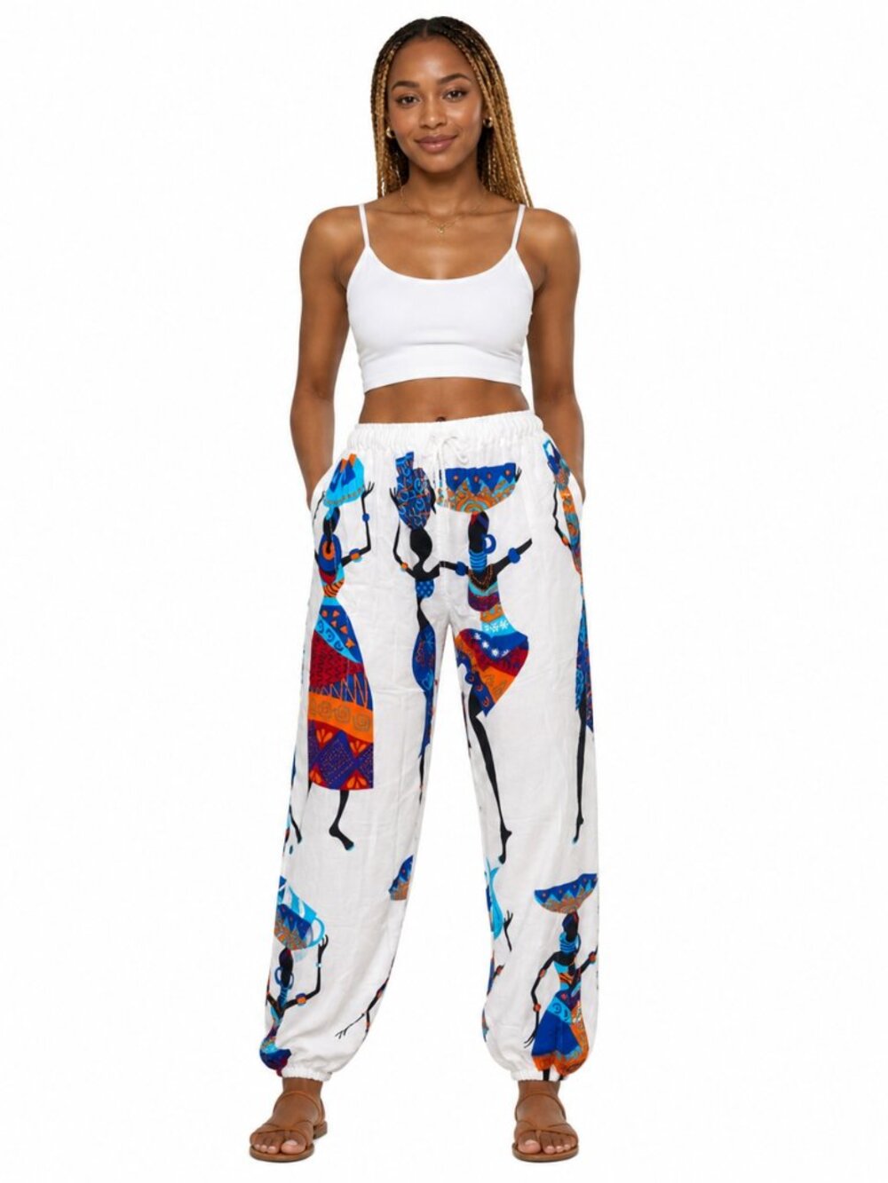 Women's Harem Pants 100% Cotton Boho Pants Elastic Waist Drawstring Lightweight